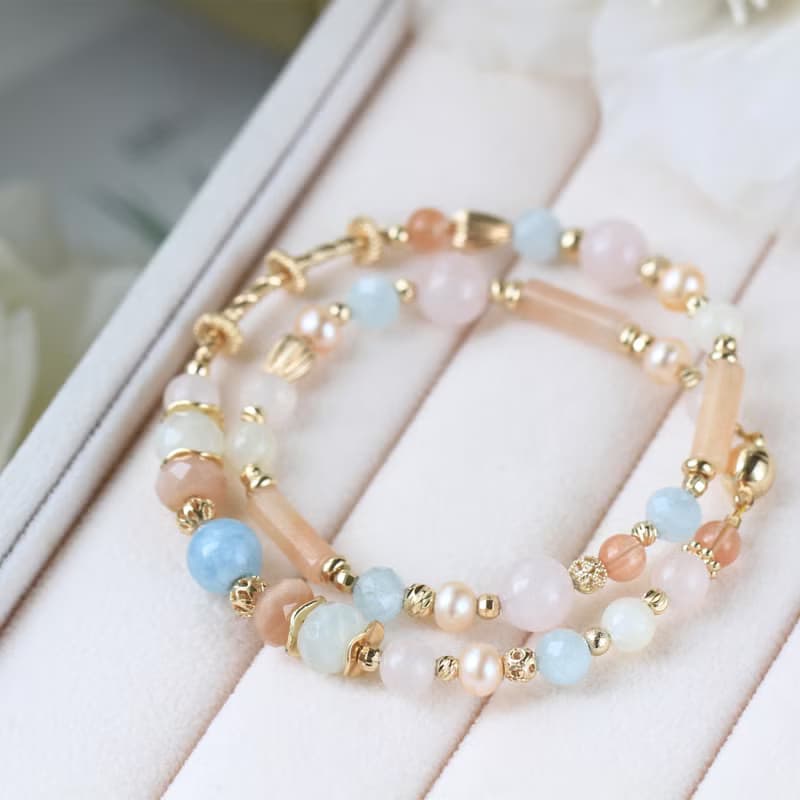 馬爾他的夏天/海藍寶/橙月光石/粉晶/磁扣設計雙圈水晶手鍊