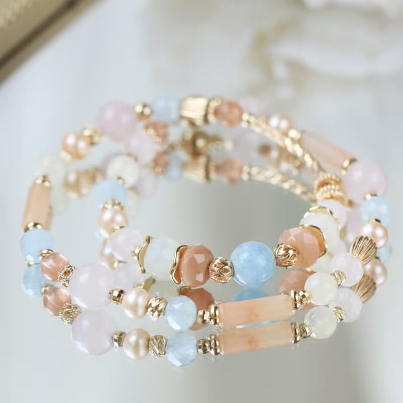 馬爾他的夏天/海藍寶/橙月光石/粉晶/磁扣設計雙圈水晶手鍊
