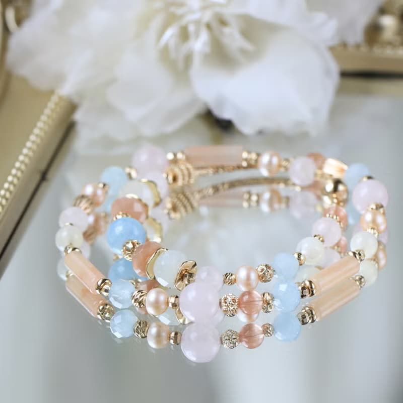 馬爾他的夏天/海藍寶/橙月光石/粉晶/磁扣設計雙圈水晶手鍊