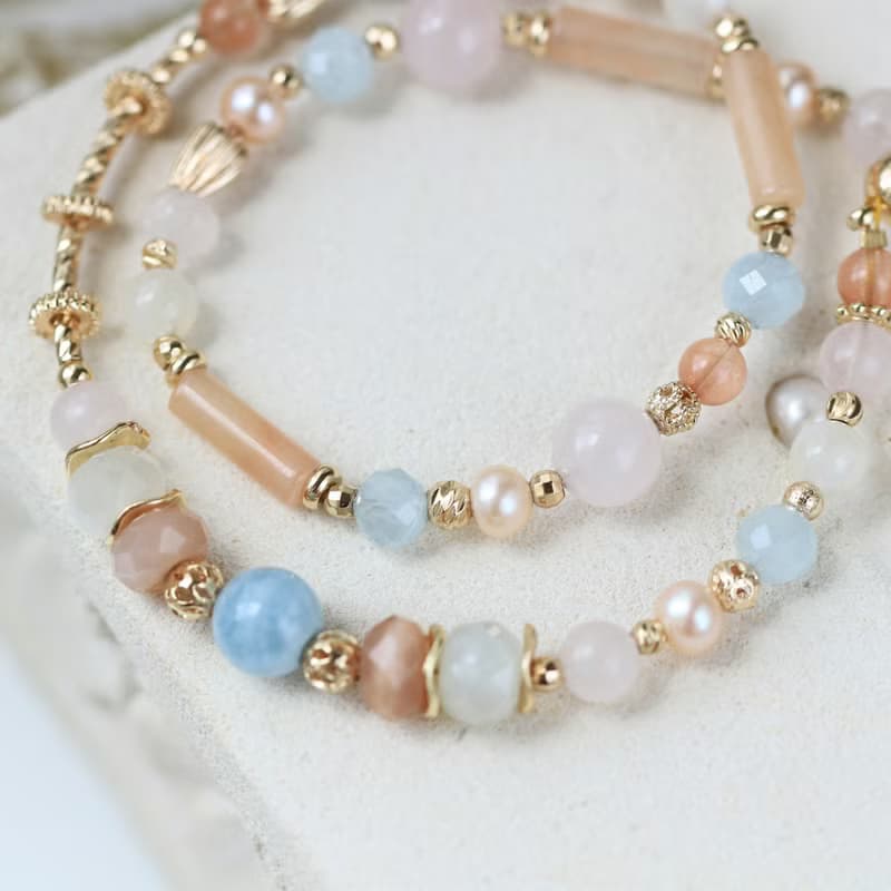 馬爾他的夏天/海藍寶/橙月光石/粉晶/磁扣設計雙圈水晶手鍊