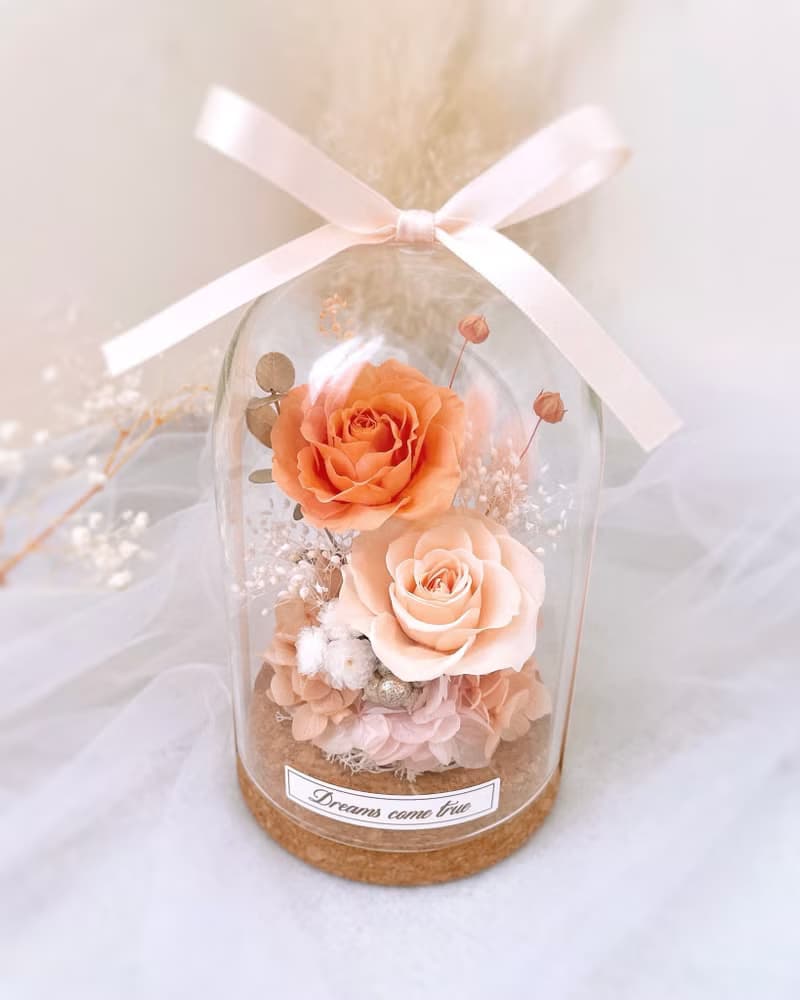 永生花玻璃盅-蜜桃橘 l 不凋花玻璃盅 日本玫瑰 情人節禮物