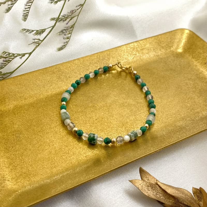 水晶手鍊/天然石手鍊/孔雀石x拉長石x14KGF注金|綠野