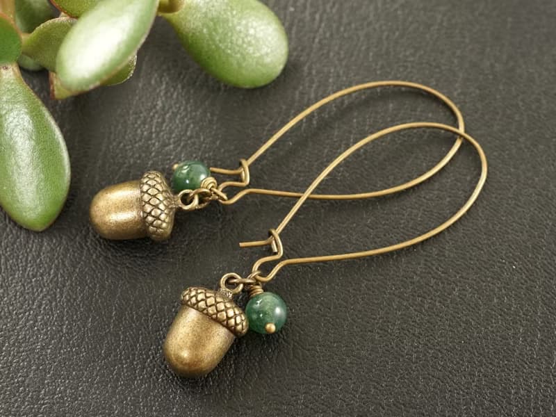 Bronze Acorn Green Moss Agate Forest Woodland Long Drop Earrings Woman Jewelry