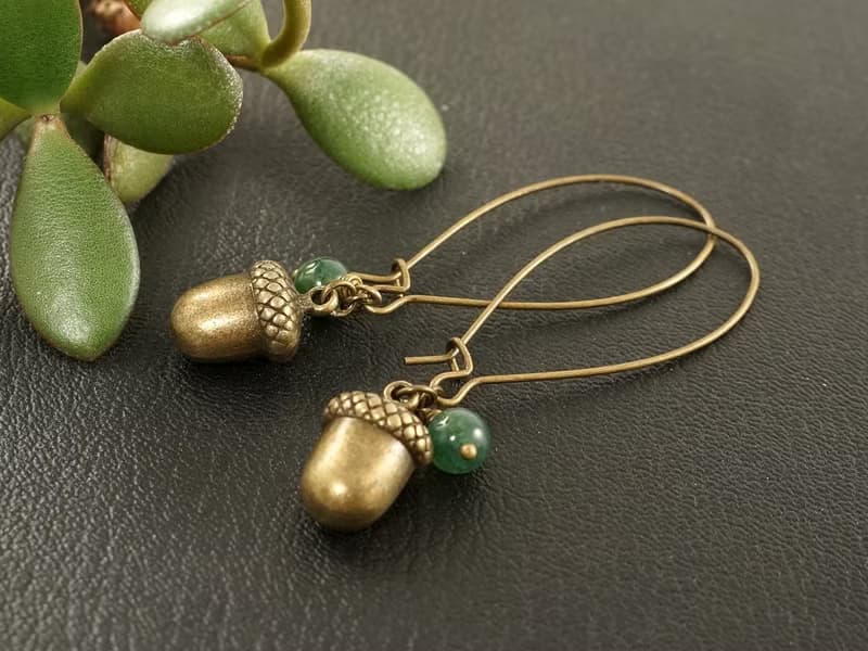 Bronze Acorn Green Moss Agate Forest Woodland Long Drop Earrings Woman Jewelry