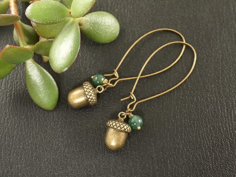 Bronze Acorn Green Moss Agate Forest Woodland Long Drop Earrings Woman Jewelry
