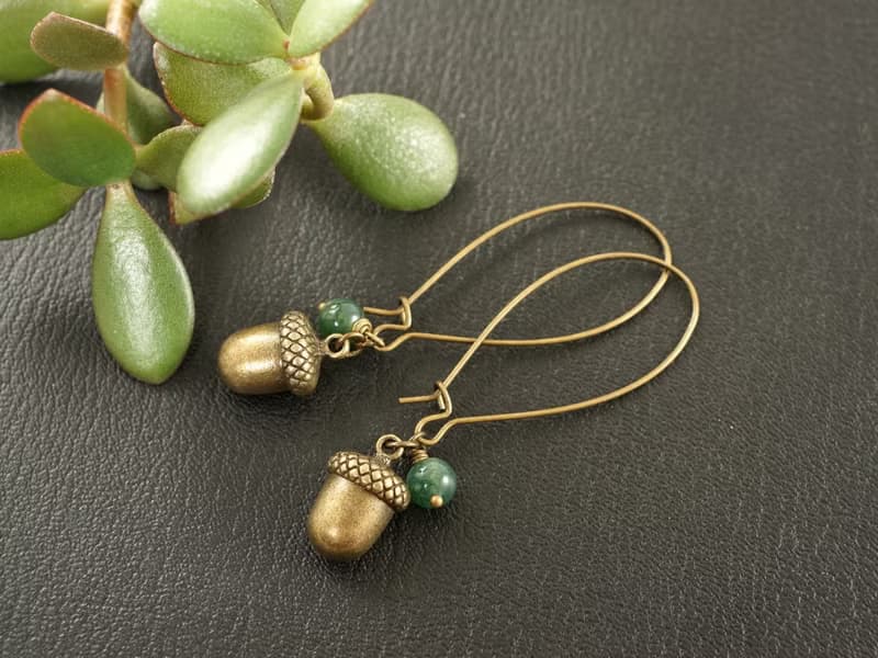 Bronze Acorn Green Moss Agate Forest Woodland Long Drop Earrings Woman Jewelry