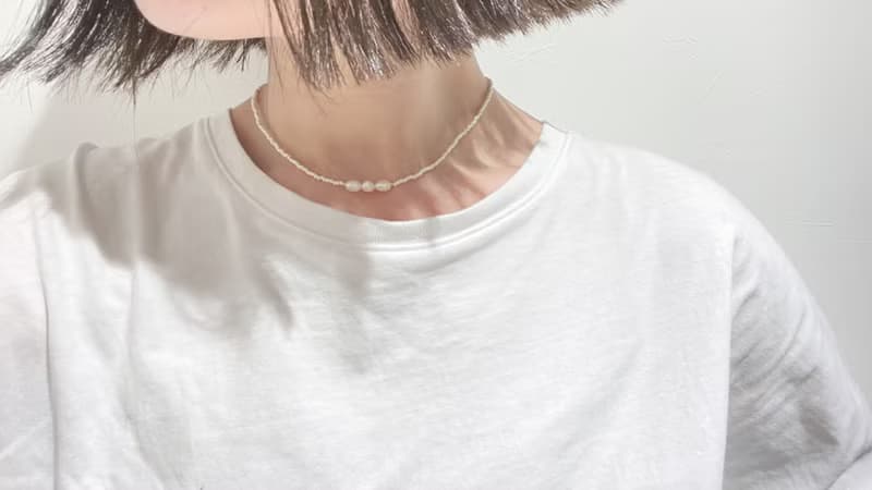 マグネット着脱　ビーズネックレス  　white 3pearl　　チョーカー