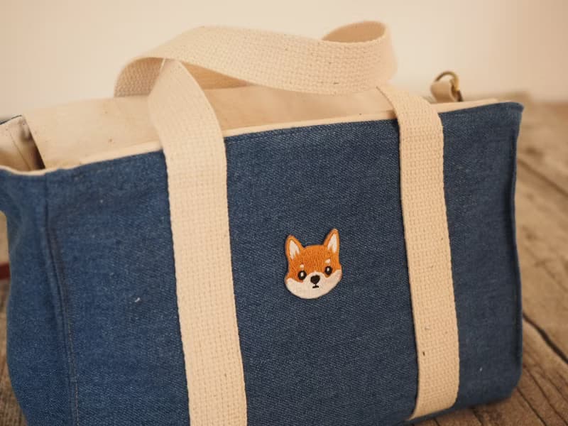 手工縫製托特側肩包帆布小手袋 牛仔布可愛柴犬刺繡 可拆調