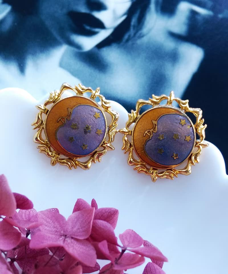 Vintage Jewelry 西洋古董飾品 景泰藍 星月 針式耳環
