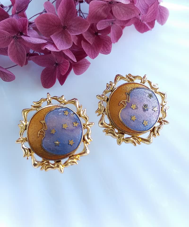 Vintage Jewelry 西洋古董飾品 景泰藍 星月 針式耳環