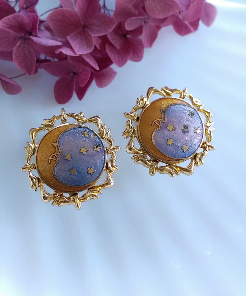 Vintage Jewelry 西洋古董飾品 景泰藍 星月 針式耳環