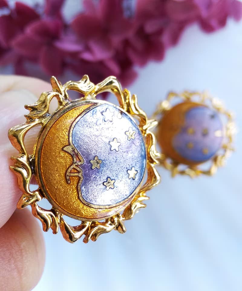 Vintage Jewelry 西洋古董飾品 景泰藍 星月 針式耳環