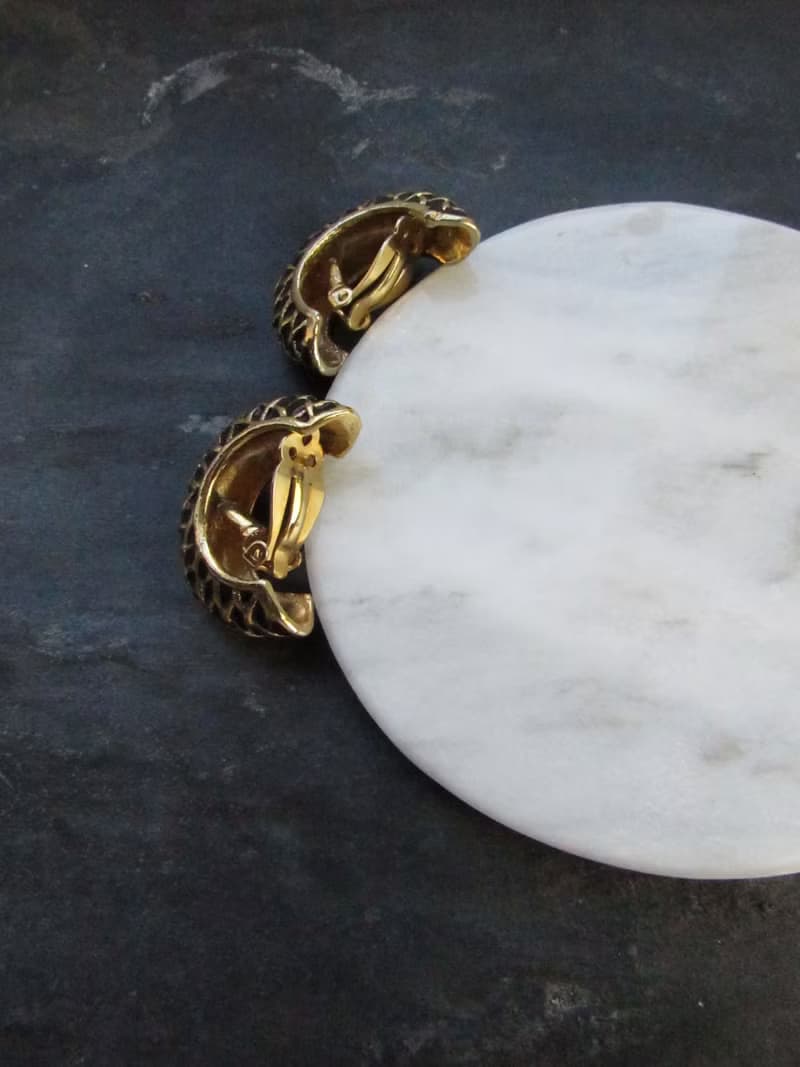 Vintage Gold Mesh Textured Black Half Hoop Clip On Earrings