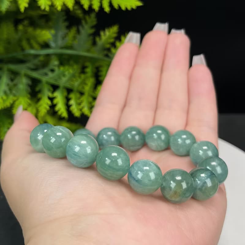 精品天然綠藍晶石手串冰潤透感貓眼藍晶石手錬單圈串珠氣質女13mm