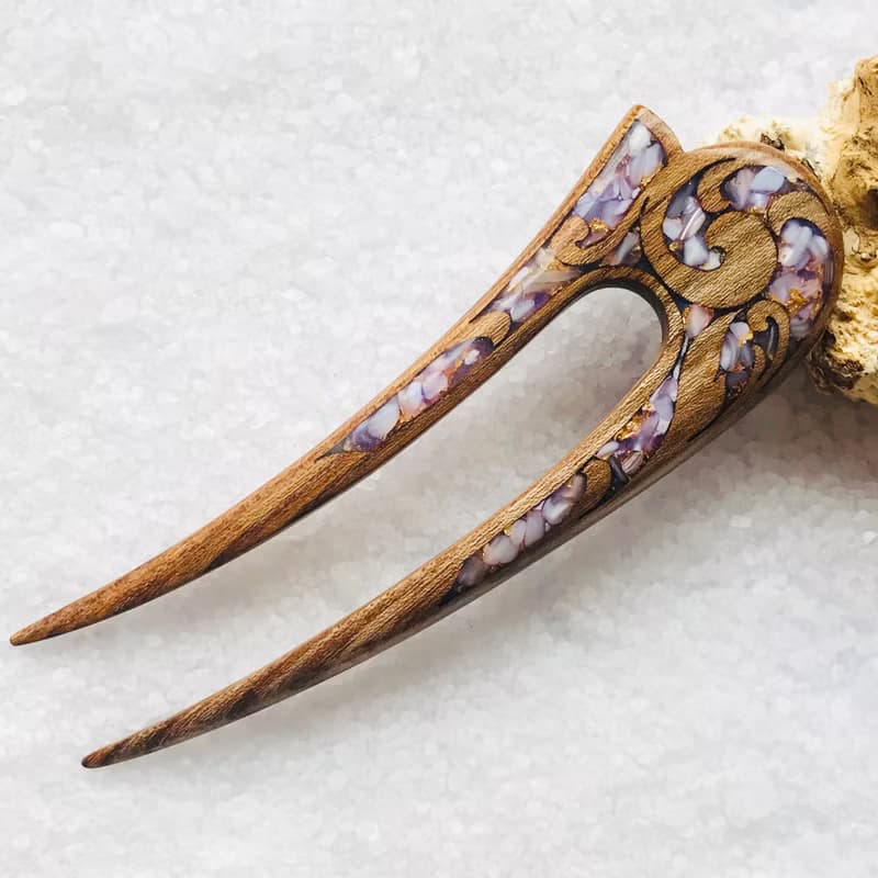 Wooden Hair Pin, Celtic Hair Stick, U shaped hair fork, Purple Hair Clip