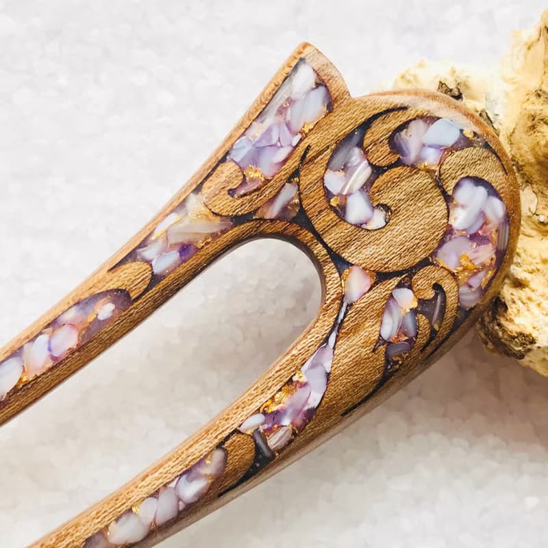 Wooden Hair Pin, Celtic Hair Stick, U shaped hair fork, Purple Hair Clip