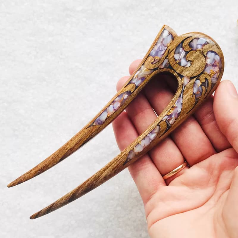 Wooden Hair Pin, Celtic Hair Stick, U shaped hair fork, Purple Hair Clip