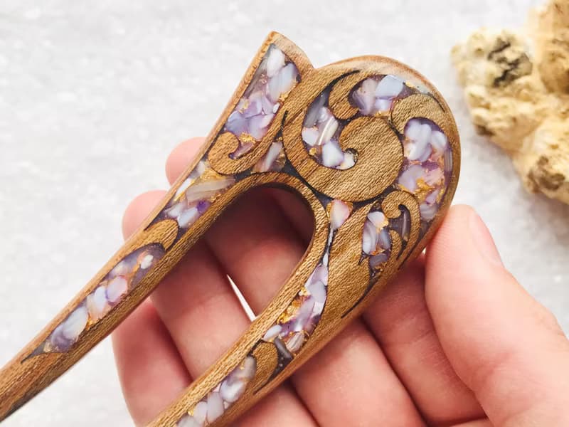 Wooden Hair Pin, Celtic Hair Stick, U shaped hair fork, Purple Hair Clip