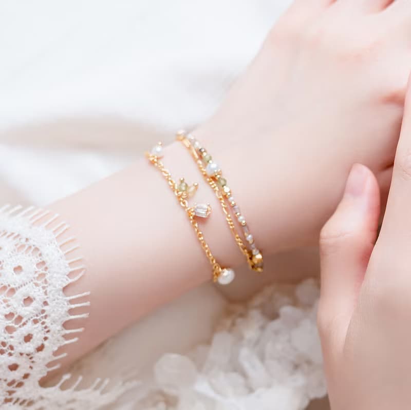 桃花 x 珍珠 橄欖石 黃水晶 生日水晶【鈴蘭 • 幸福回歸】手鍊