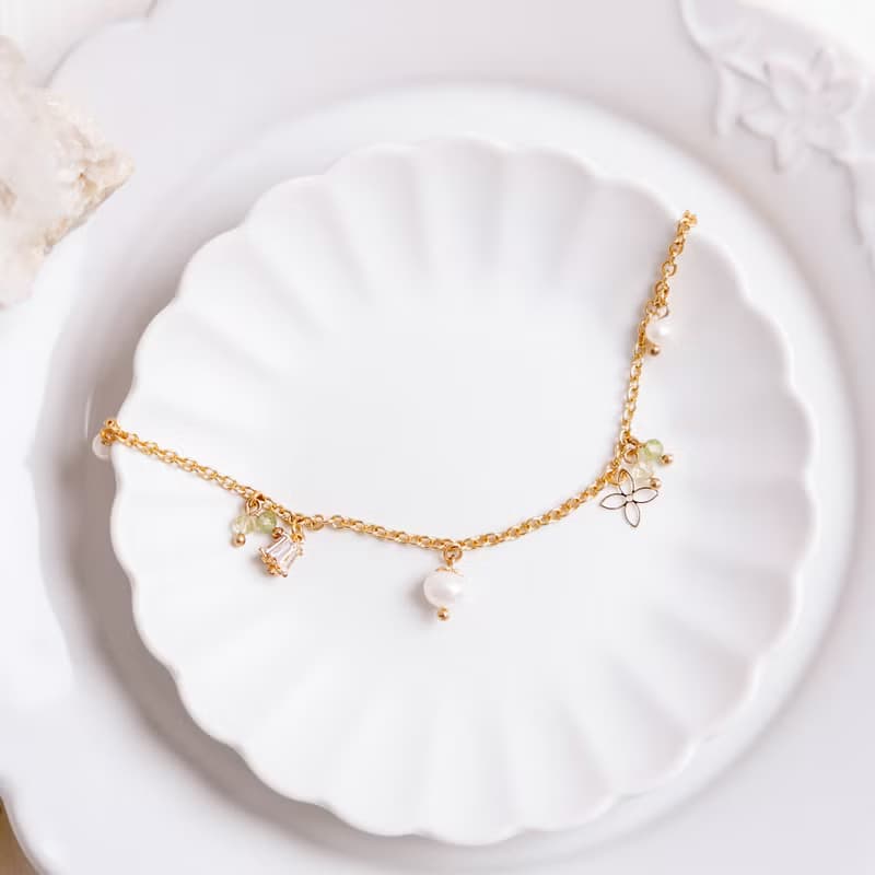 桃花 x 珍珠 橄欖石 黃水晶 生日水晶【鈴蘭 • 幸福回歸】手鍊
