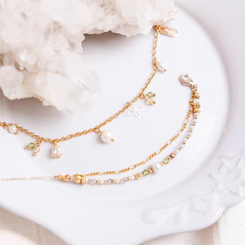 桃花 x 珍珠 橄欖石 黃水晶 生日水晶【鈴蘭 • 幸福回歸】手鍊