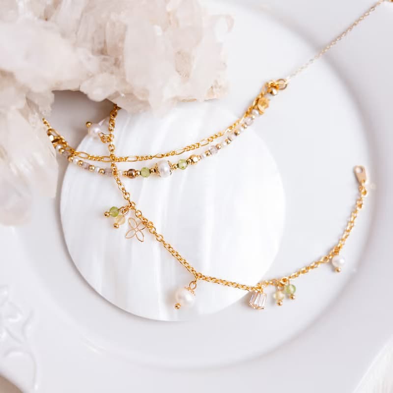 桃花 x 珍珠 橄欖石 黃水晶 生日水晶【鈴蘭 • 幸福回歸】手鍊