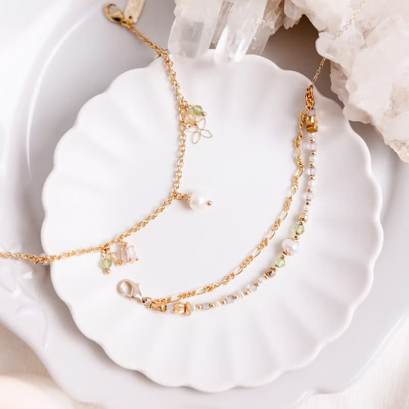 桃花 x 珍珠 橄欖石 黃水晶 生日水晶【鈴蘭 • 幸福回歸】手鍊