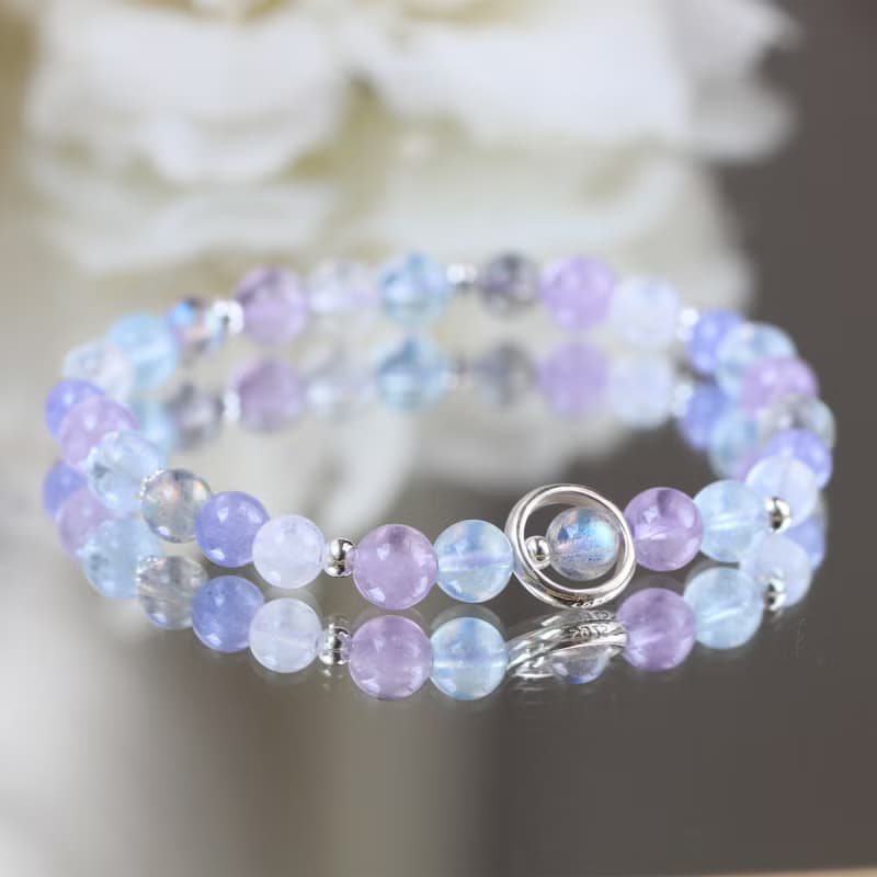 坦桑石 丹泉石 月光石 拉長石 海藍寶。紫陽花 純銀水晶手鍊