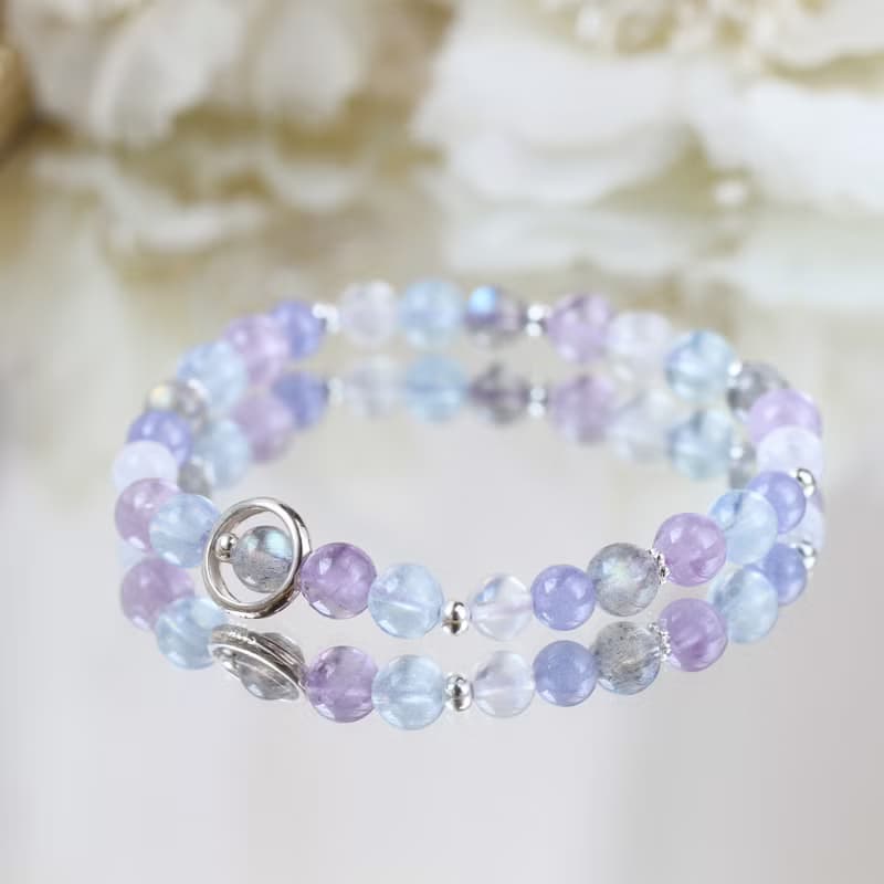 坦桑石 丹泉石 月光石 拉長石 海藍寶。紫陽花 純銀水晶手鍊