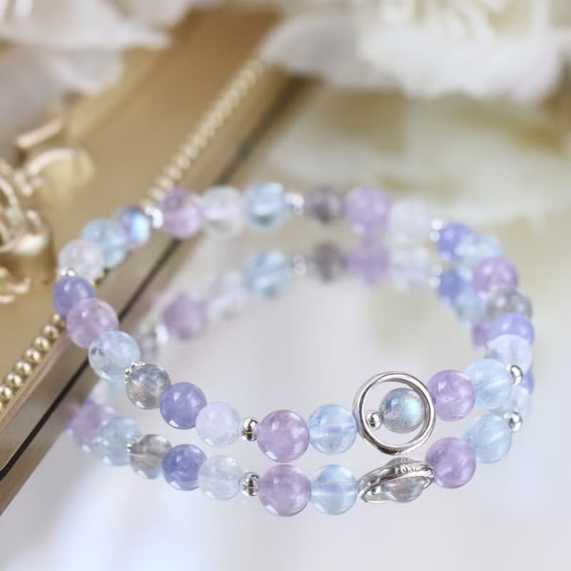 坦桑石 丹泉石 月光石 拉長石 海藍寶。紫陽花 純銀水晶手鍊