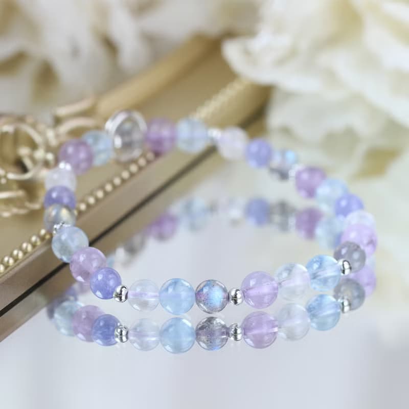 坦桑石 丹泉石 月光石 拉長石 海藍寶。紫陽花 純銀水晶手鍊