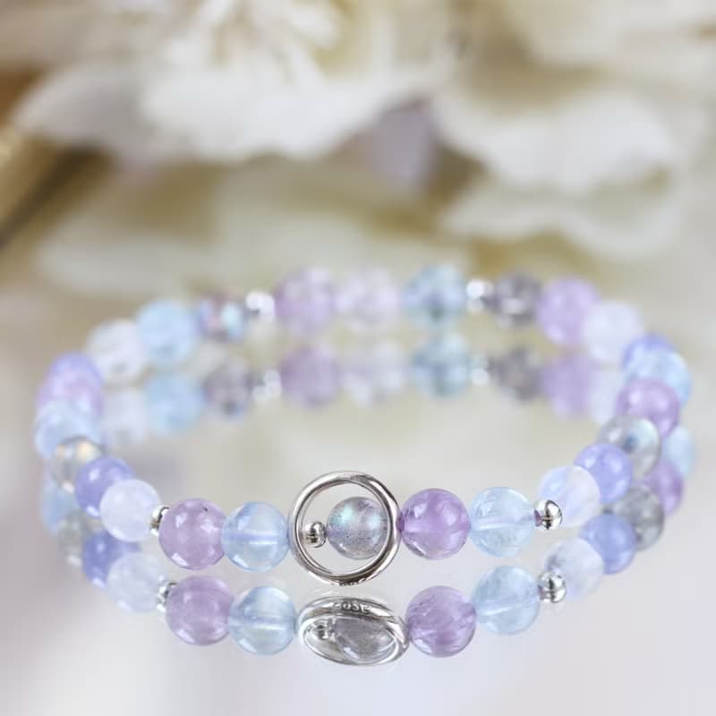 坦桑石 丹泉石 月光石 拉長石 海藍寶。紫陽花 純銀水晶手鍊