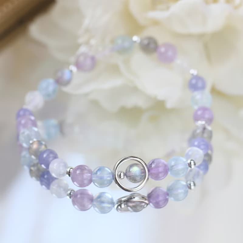 坦桑石 丹泉石 月光石 拉長石 海藍寶。紫陽花 純銀水晶手鍊