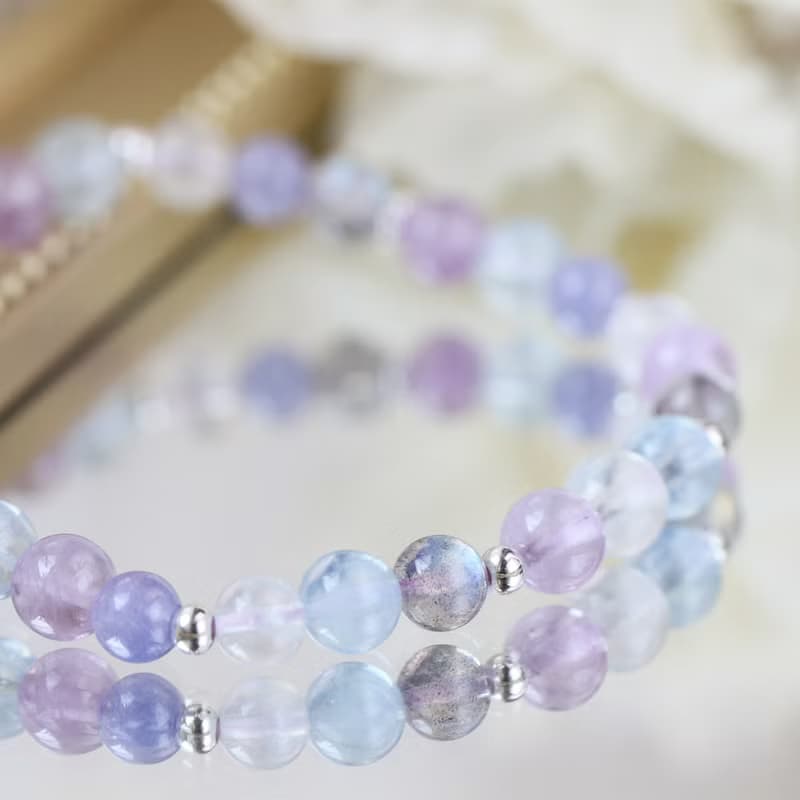 坦桑石 丹泉石 月光石 拉長石 海藍寶。紫陽花 純銀水晶手鍊