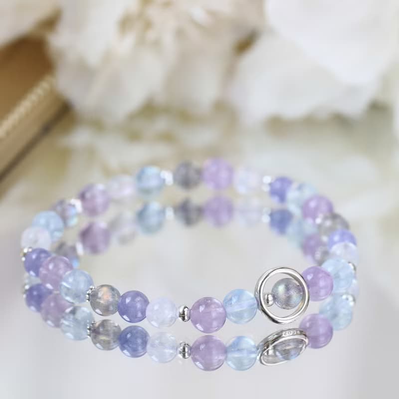坦桑石 丹泉石 月光石 拉長石 海藍寶。紫陽花 純銀水晶手鍊