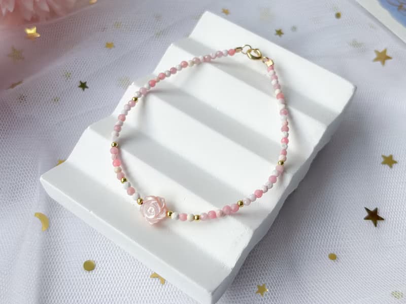 【粉玫】天然粉貝母玫瑰 粉澳寶 14K包金設計款手鍊