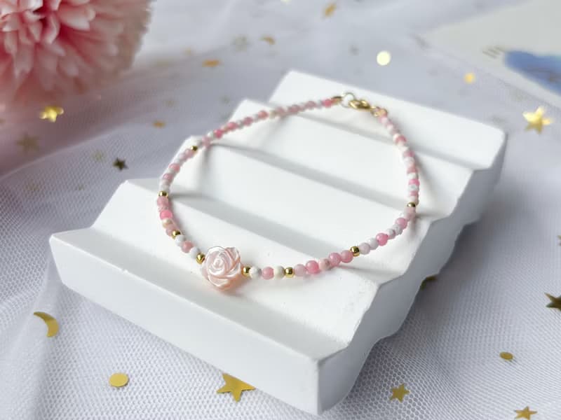 【粉玫】天然粉貝母玫瑰 粉澳寶 14K包金設計款手鍊