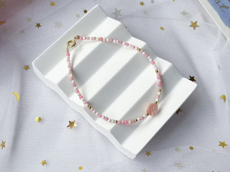 【粉玫】天然粉貝母玫瑰 粉澳寶 14K包金設計款手鍊