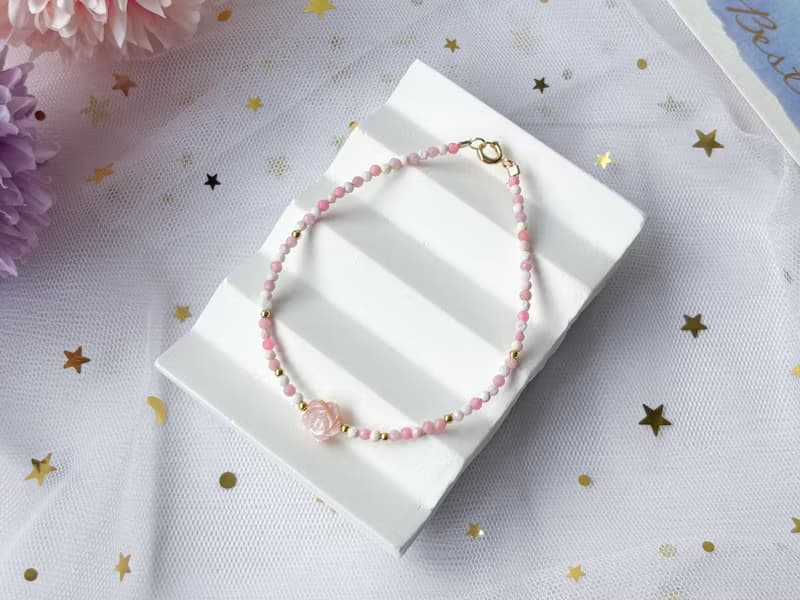 【粉玫】天然粉貝母玫瑰 粉澳寶 14K包金設計款手鍊