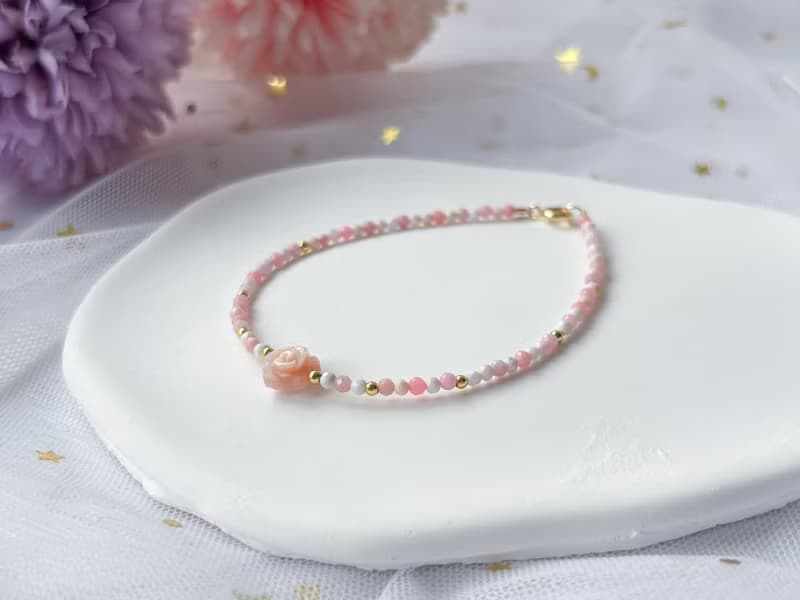 【粉玫】天然粉貝母玫瑰 粉澳寶 14K包金設計款手鍊