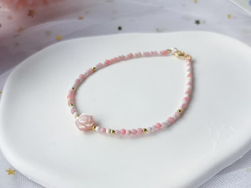 【粉玫】天然粉貝母玫瑰 粉澳寶 14K包金設計款手鍊