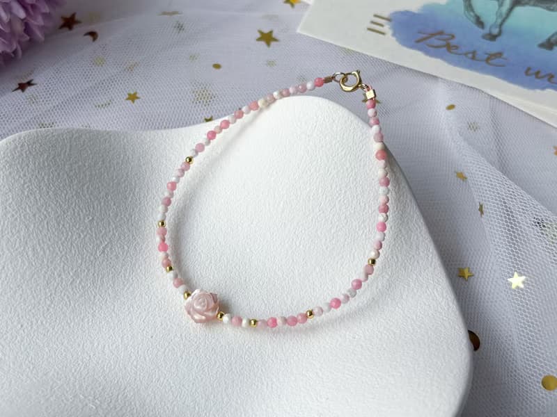 【粉玫】天然粉貝母玫瑰 粉澳寶 14K包金設計款手鍊