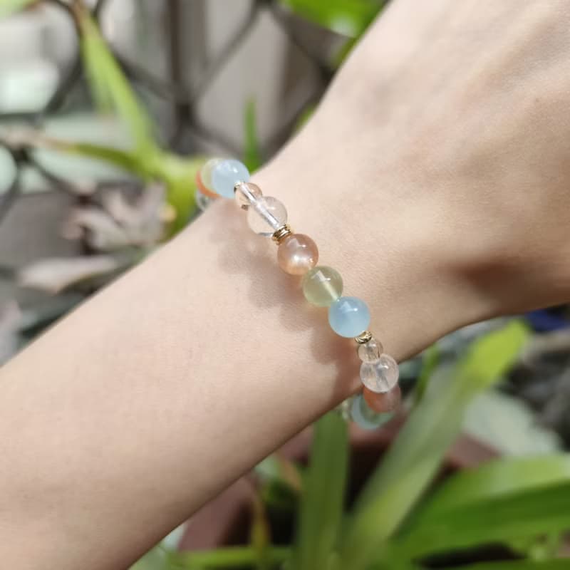 晨曦-能量水晶手鍊-魔鬼髮晶/白兔毛/橙月光/葡萄石/海藍寶