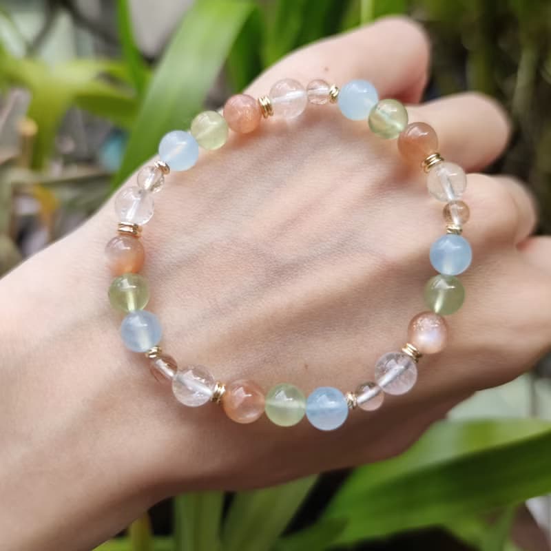 晨曦-能量水晶手鍊-魔鬼髮晶/白兔毛/橙月光/葡萄石/海藍寶