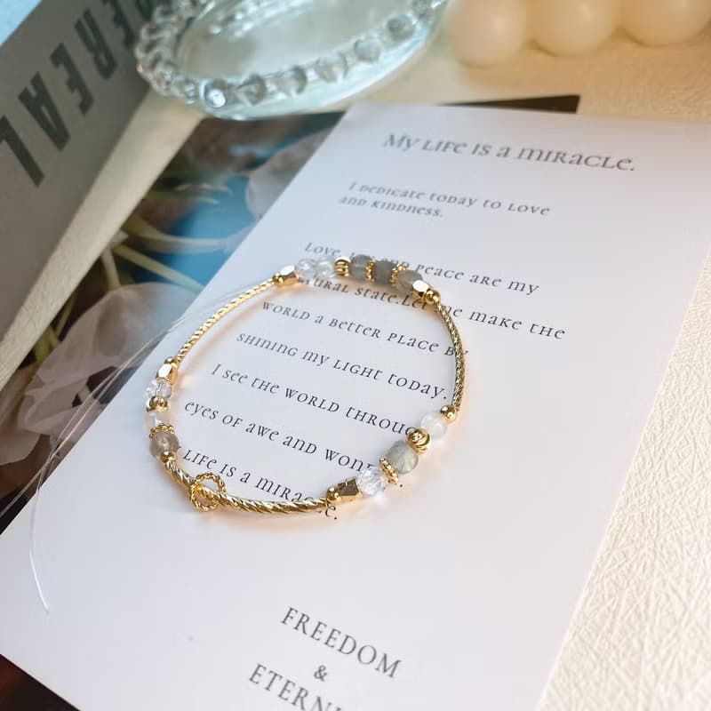 月落 灰月光 拉長石 白水晶 月光石 天然石彈性水晶手鍊手環