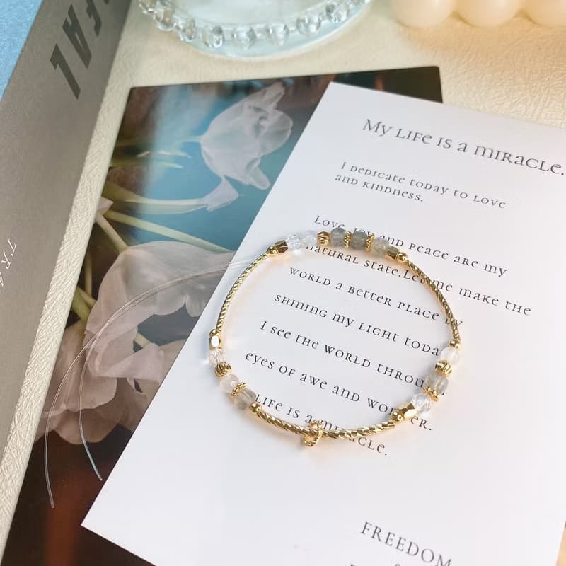 月落 灰月光 拉長石 白水晶 月光石 天然石彈性水晶手鍊手環