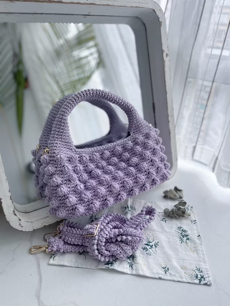 手工鉤織Popcorn 波波點手提袋單肩手袋薰衣草紫色針織鈎織編織手