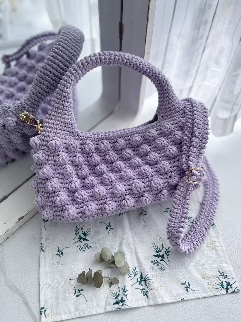 手工鉤織Popcorn 波波點手提袋單肩手袋薰衣草紫色針織鈎織編織手
