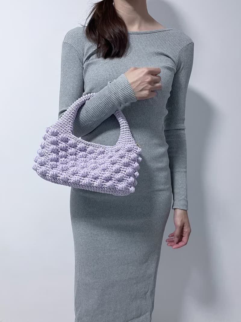 手工鉤織Popcorn 波波點手提袋單肩手袋薰衣草紫色針織鈎織編織手