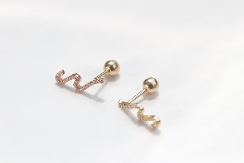 純14K  手繪線條鎖珠耳環(單個)耳骨 耳窩 不退色